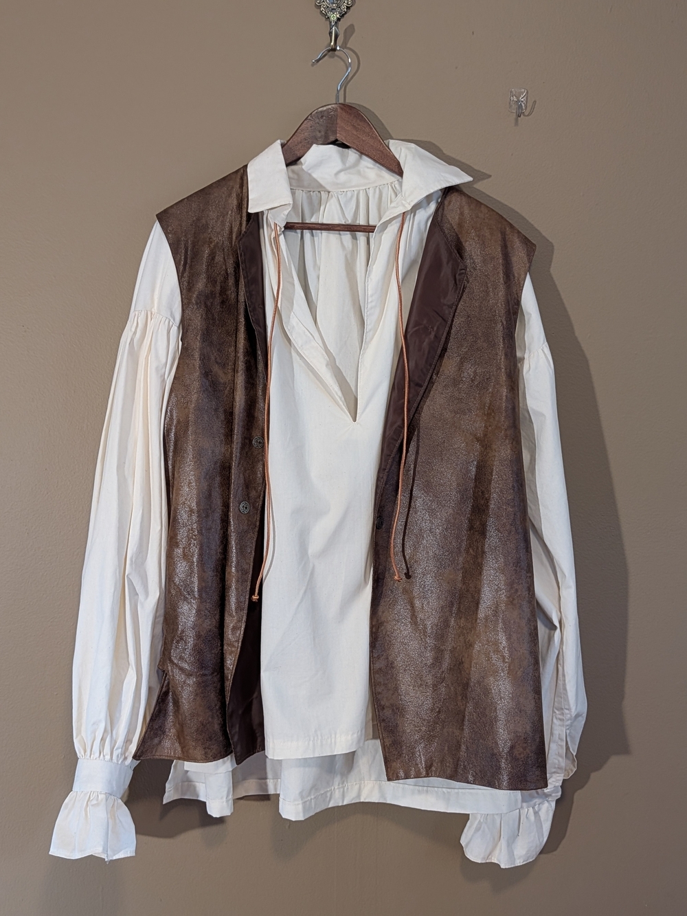 Cream Cotton Poet Shirt with Brown Faux Leather Vest. Pirate. Renaissance.